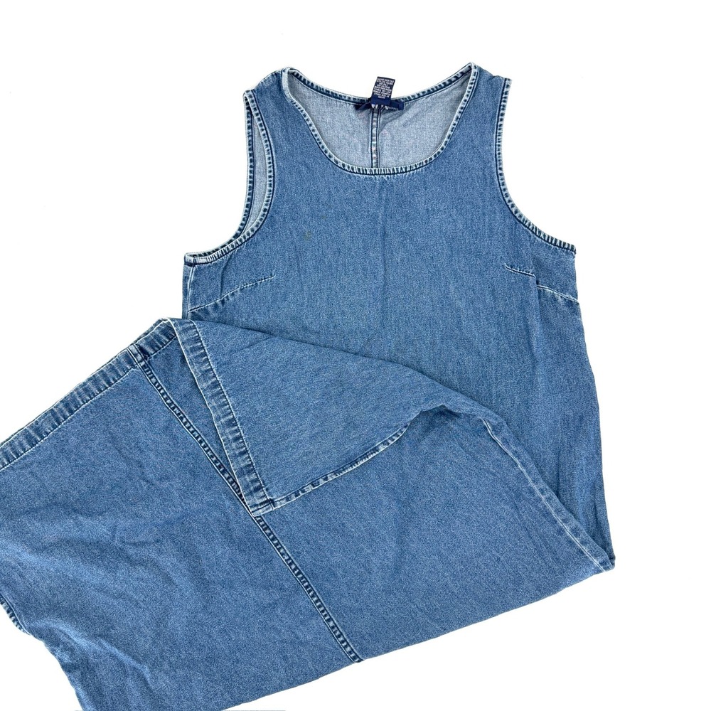 Original TV Wear Denim Maxi Jumper Dress 90s Vintage Women Size 14 Blue Cotton